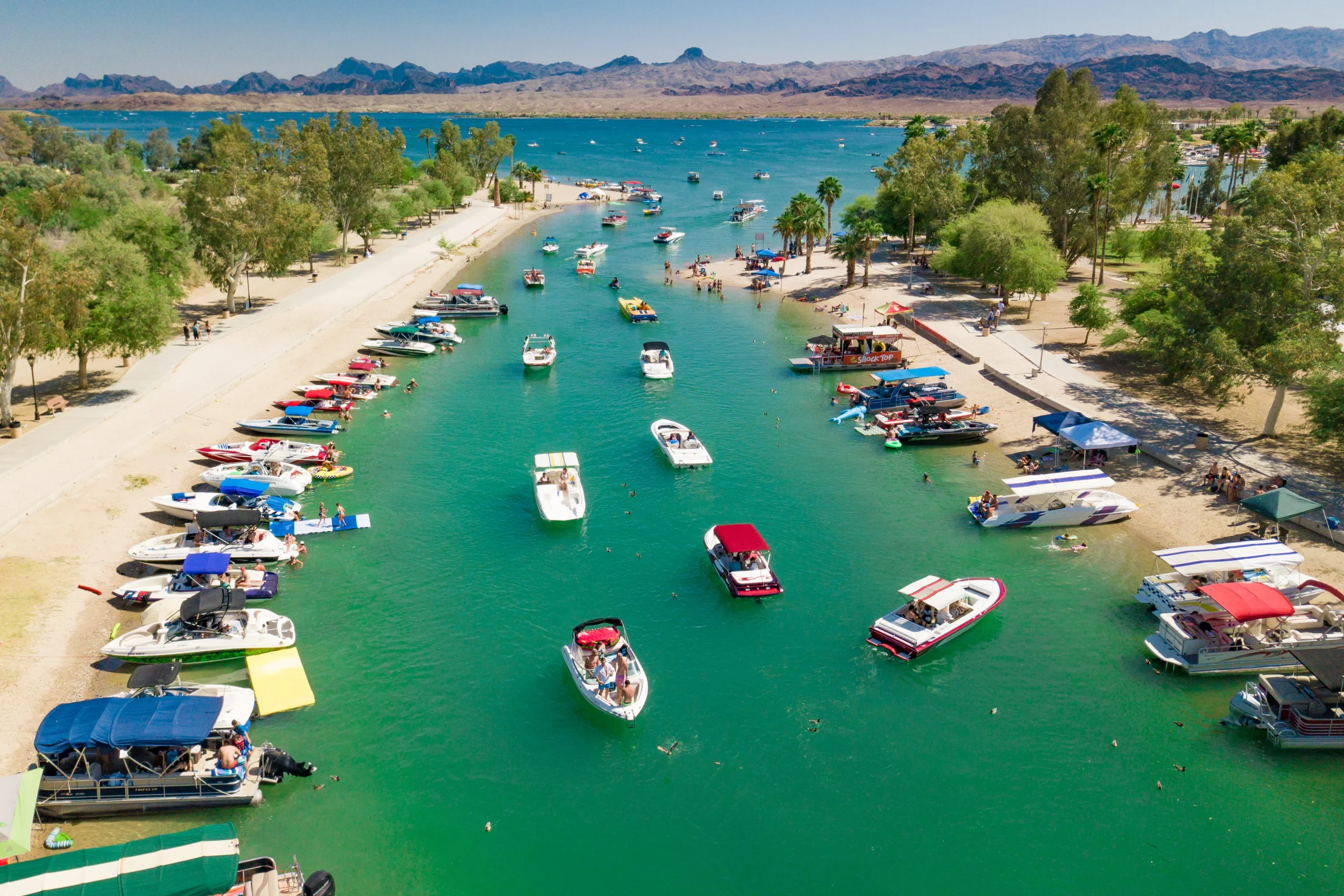 Aerial view of the Lake Havasu channel and London Bridge